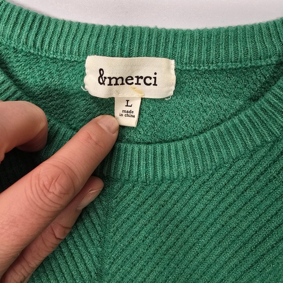 Merci Green Ribbed Puff Sleeve V Neck Sweater Top Women's Size L Cotton - Picture 3 of 7